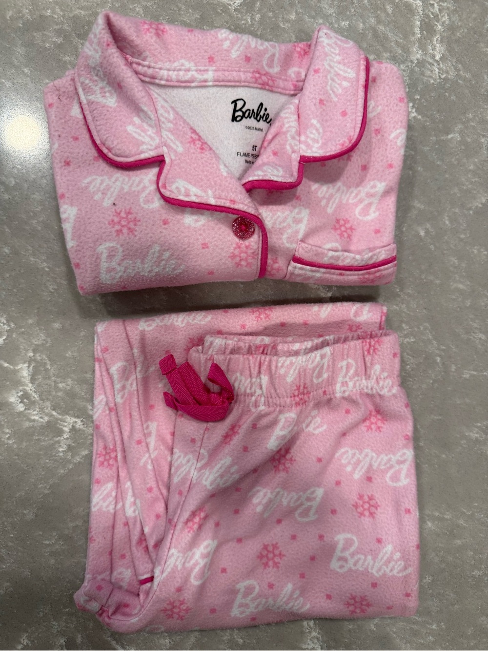 Mattel Barbie Pink Fleece Pajama Set with Hot Pink Trim